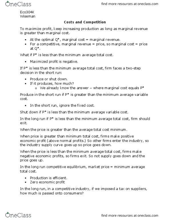 ECO 304K Lecture Notes - Lecture 7: Oligopoly, Marginal Cost, Marginal Revenue thumbnail