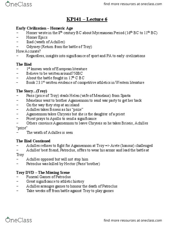 KP141 Lecture Notes - Lecture 6: Antilochus, Close Combat, Chryseis thumbnail