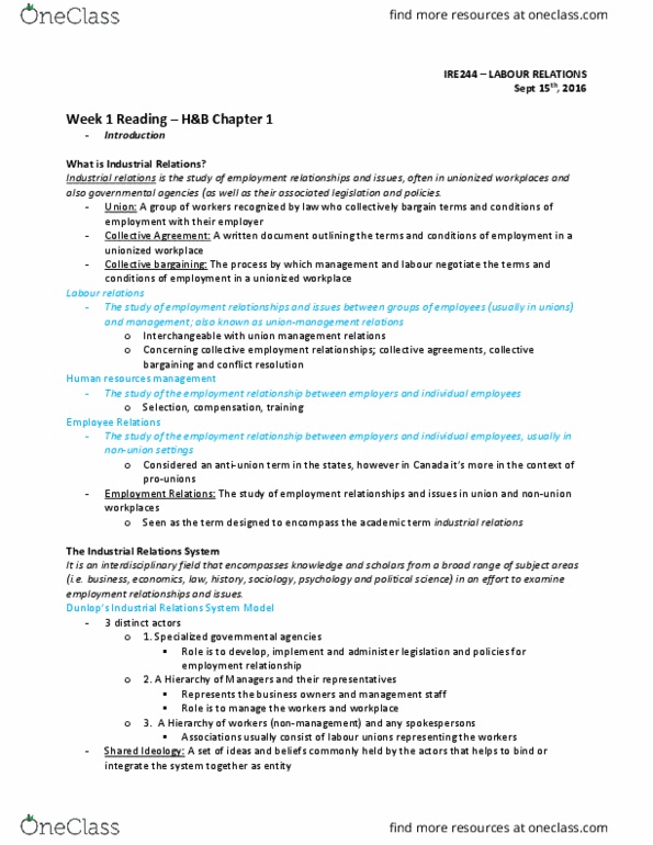 IRE244H1 Chapter Notes - Chapter 1: Statutory Law, Selig Perlman, Human Resource Management thumbnail