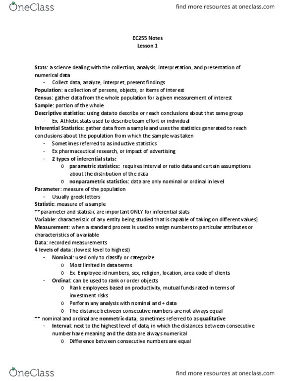 EC255 Lecture Notes - Lecture 1: Nonparametric Statistics, Descriptive Statistics, Parametric Statistics thumbnail