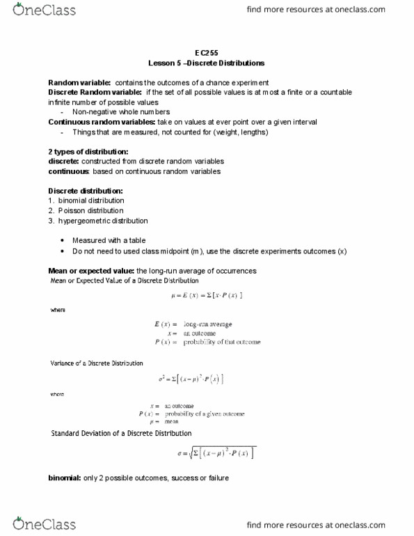 EC255 Lecture Notes - Lecture 5: Random Variable, Exponential Distribution, Probability Distribution thumbnail