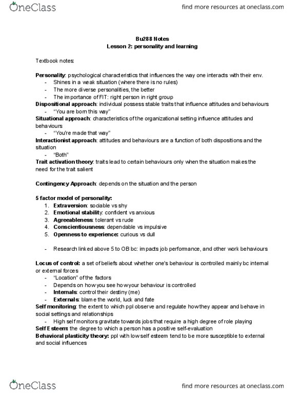 BU288 Lecture Notes - Lecture 4: Extraversion And Introversion, Negative Affectivity, Machinist thumbnail