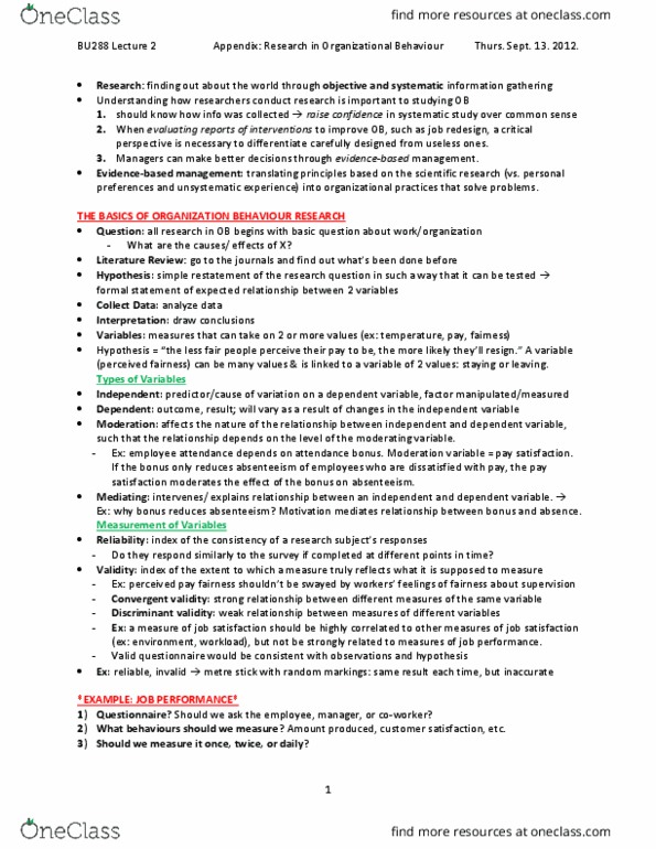 BU288 Lecture Notes - Lecture 3: Absenteeism, Job Performance, British Association For Immediate Care thumbnail