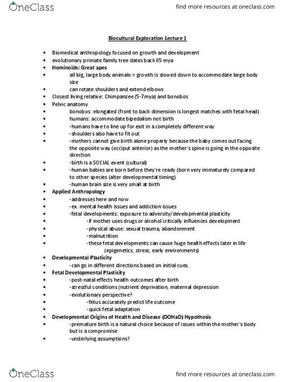 ANTH 3460 Lecture Notes - Lecture 1: Thrifty Phenotype, Hominidae, Fetus thumbnail