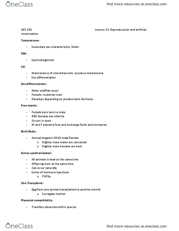 AVS 101 Lecture Notes - Lecture 13: Secondary Sex Characteristic, Spermatogenesis, Antibiotics thumbnail