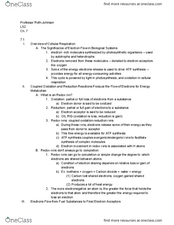 LIFESCI 2 Chapter Notes - Chapter 7.1: Electron Donor, Glycolysis, Chemiosmosis thumbnail