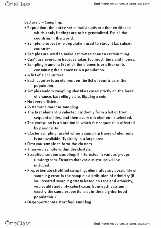 SOCECOL 10 Lecture Notes - Lecture 5: Nth Metal, Simple Random Sample, Cluster Sampling thumbnail