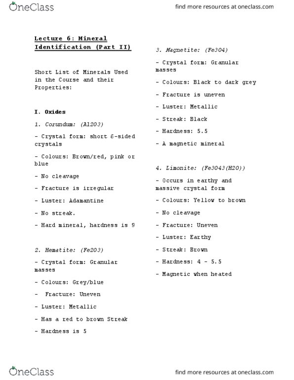 GEOG 1120 Lecture Notes - Lecture 6: Hematite, Corundum, Talc thumbnail