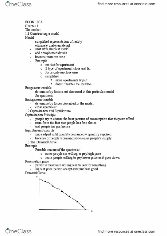 ECON 100A Chapter Notes - Chapter 1.1-1.5: Reservation Price, Exogeny, Economic Equilibrium thumbnail