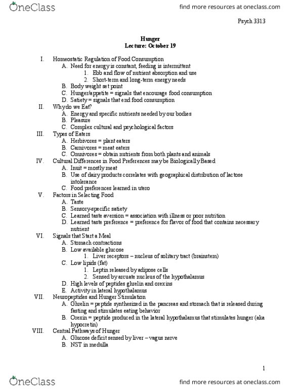 PSYCH 3313 Lecture Notes - Lecture 17: Adipocyte, Solitary Tract, Cholecystokinin thumbnail