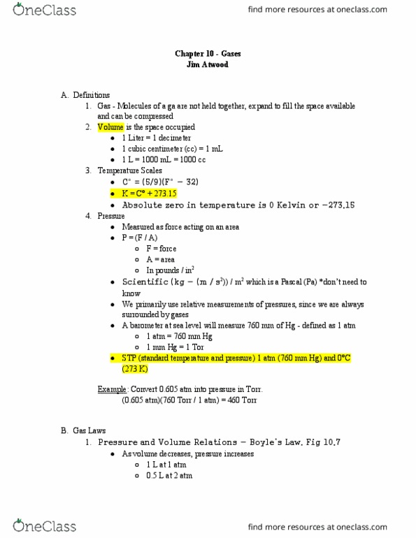 CHE 101 Chapter Notes - Chapter 10: Van Der Waals Equation, Molar Mass, Gas Laws thumbnail