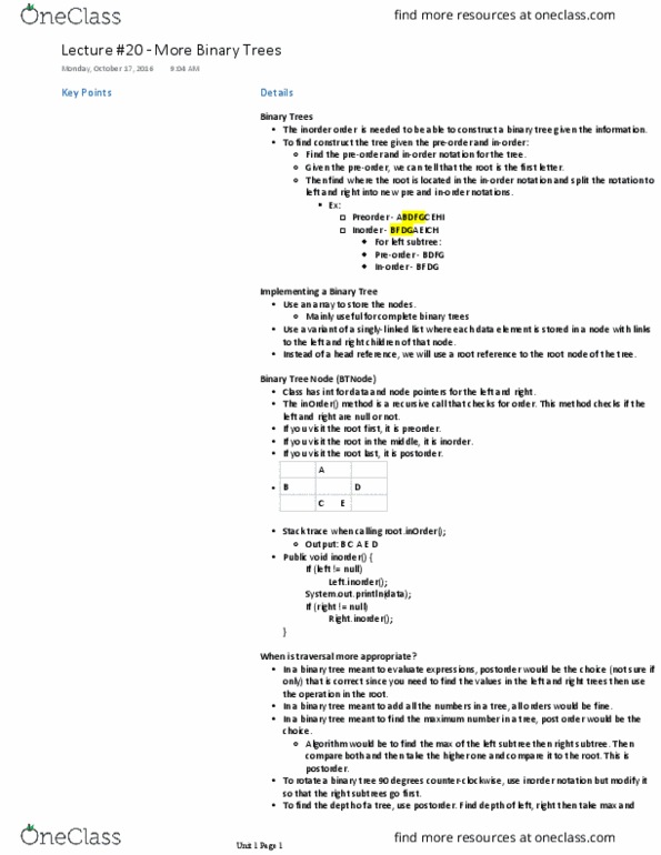 CSE 214 Lecture Notes - Lecture 20: Preorder, Data Element, Binary Tree thumbnail