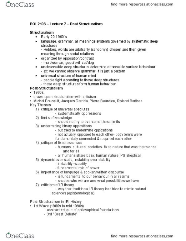 POL 2103 Lecture Notes - Lecture 7: Pierre Bourdieu, Roland Barthes, Liberal Internationalism thumbnail