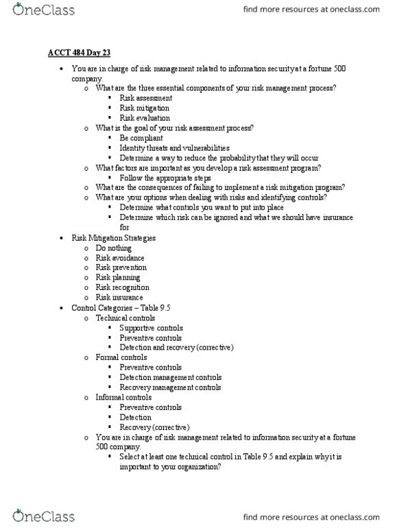 ACCT 484 Lecture Notes - Lecture 23: Risk Assessment, Security Awareness, Disaster Recovery Plan thumbnail