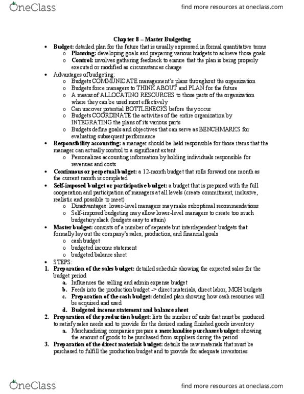 ACTG 2300 Chapter Notes - Chapter 8: Budget, Income Statement thumbnail