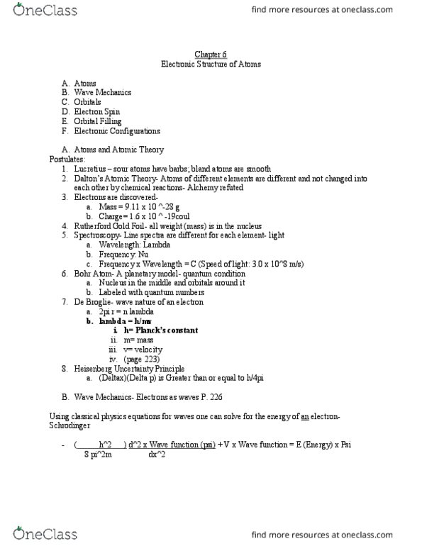 CHE 101 Lecture Notes - Lecture 6: Matter Wave, Uncertainty Principle, Bohr Model thumbnail