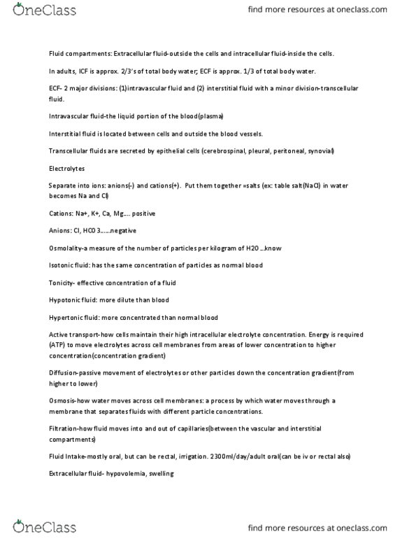 NURS 364 Lecture Notes - Lecture 8: Fluid Compartments, Hypovolemia, Hypoventilation thumbnail