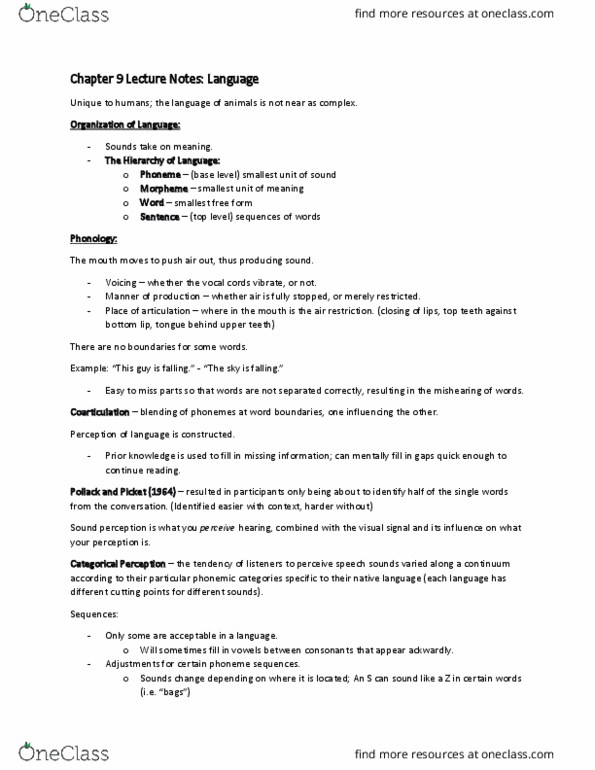 PSYC 3350 Lecture Notes - Lecture 9: Coarticulation, Morpheme, Parsing thumbnail