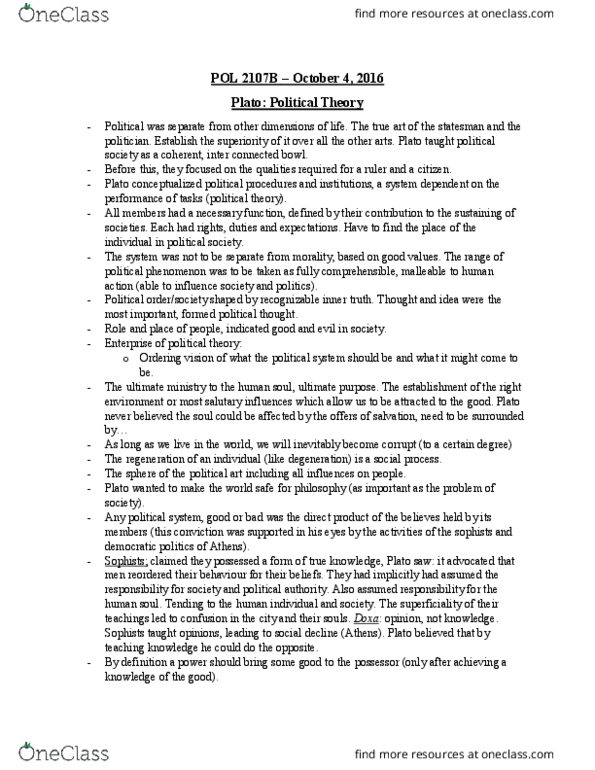 POL 2107 Lecture Notes - Lecture 7: Sophist, Political Ethics, Political Philosophy thumbnail