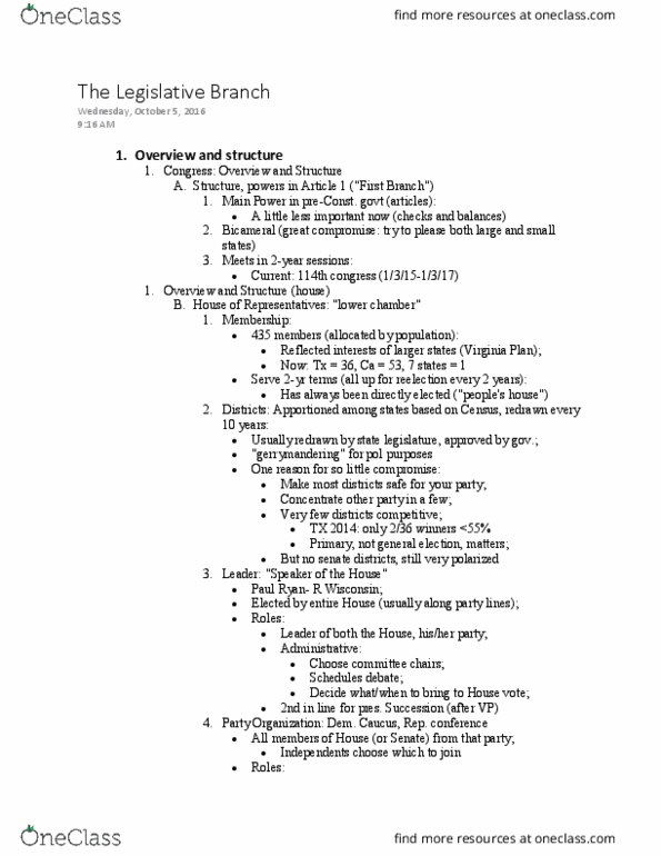 PSCI 1040 Lecture Notes - Lecture 5: Unanimous Consent, Connecticut Compromise, 114Th United States Congress thumbnail