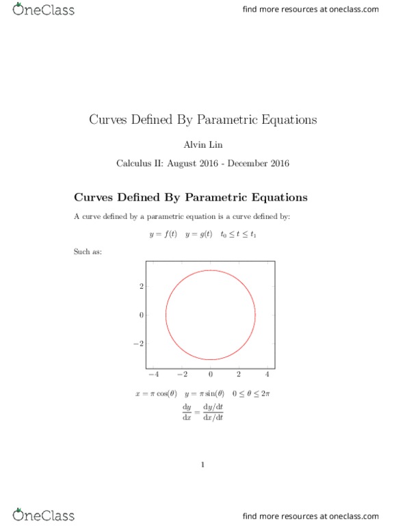 MATH 182A Lecture Notes - Lecture 11: Parametric Equation thumbnail