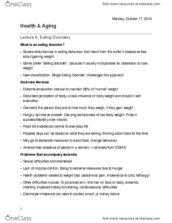 HLTHAGE 1CC3 Lecture Notes - Lecture 9: Binge Eating Disorder, Binge Eating, Eating Disorder thumbnail