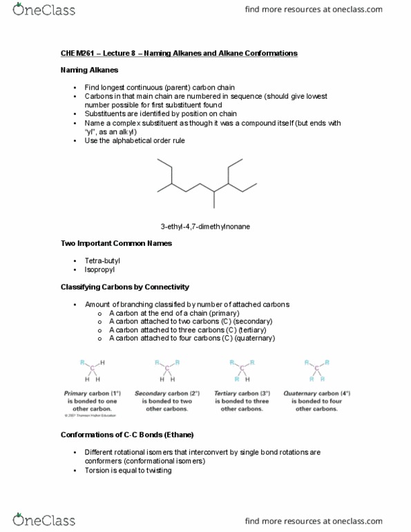 CHEM 261 Lecture Notes - Lecture 8: Alkane, Substituent, Ethane thumbnail