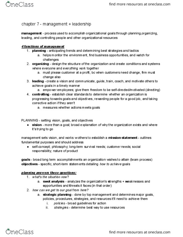 MGMT 1 Chapter Notes - Chapter 7: Swot Analysis, Situation Two, Knowledge Management thumbnail