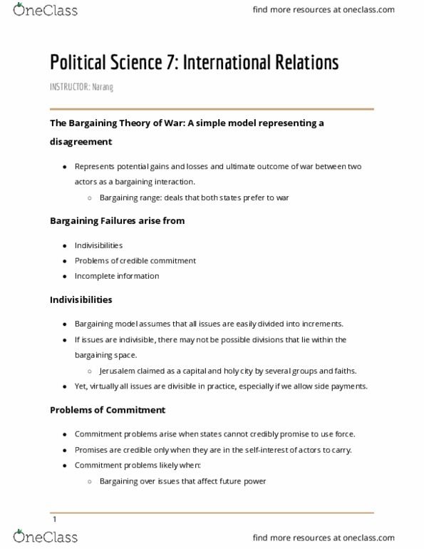 POL S 7 Lecture Notes - Lecture 5: Bargaining, Preventive War, Gulf War thumbnail