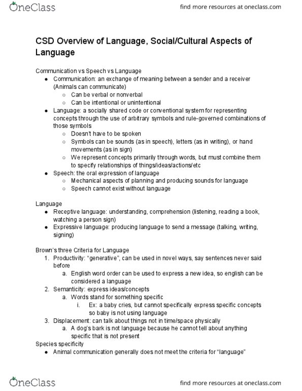 CSD 212 Lecture Notes - Lecture 7: Speech Disorder, Language Processing In The Brain, Animal Communication thumbnail