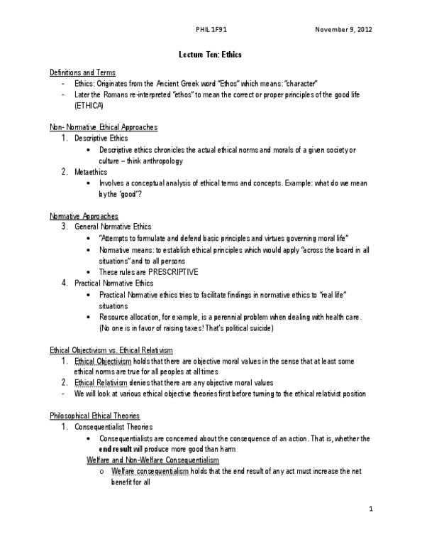 PHIL 1F91 Lecture Notes - Meta-Ethics, Relativism, Deontological Ethics thumbnail