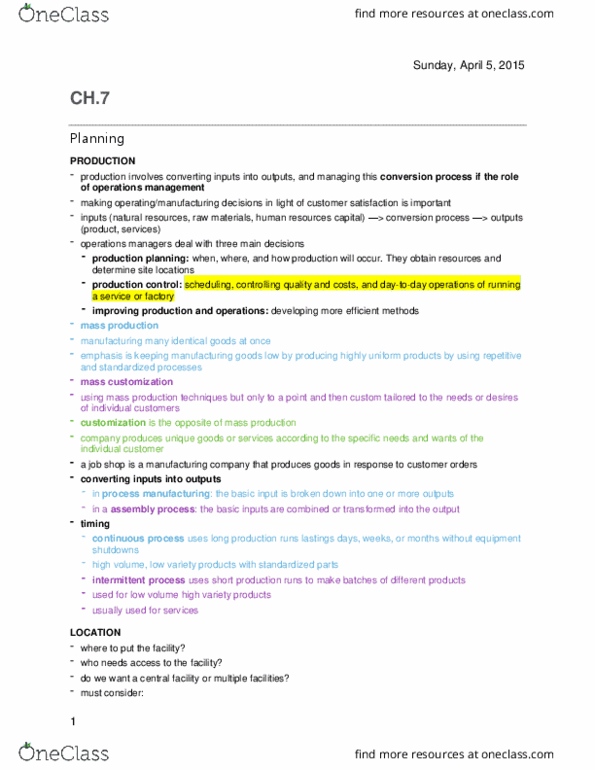 BU121 Chapter Notes - Chapter 7: Process Manufacturing, Job Shop, Mass Customization thumbnail