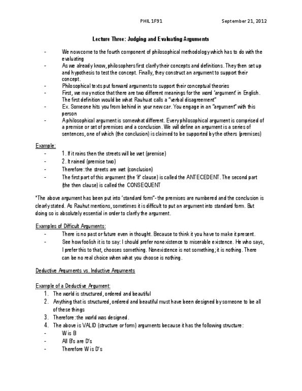 PHIL 1F91 Lecture Notes - Modus Tollens, Deductive Reasoning, Logical Form thumbnail