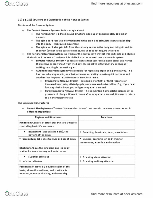 PSY100H1 Chapter Notes - Chapter 3.3: Autonomic Nervous System, Inferior Colliculus, Peripheral Nervous System thumbnail