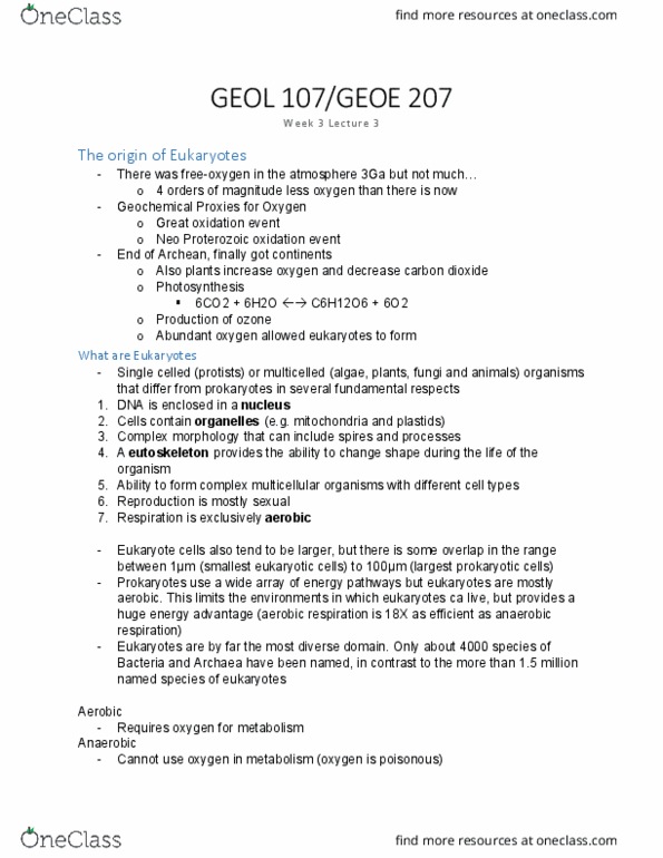 GEOL 107 Lecture Notes - Lecture 9: Great Oxygenation Event, Lynn Margulis, Anaerobic Respiration thumbnail