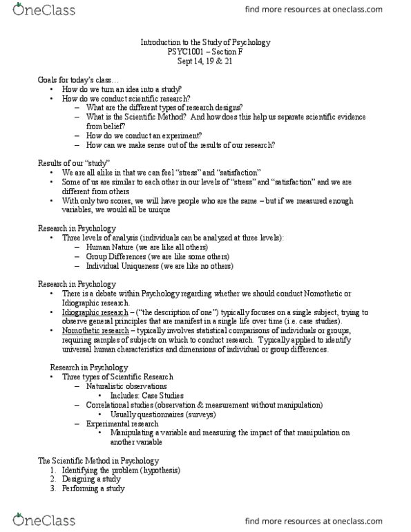 PSYC 1001 Lecture Notes - Lecture 1: Nomothetic, Dependent And Independent Variables, Descriptive Statistics thumbnail