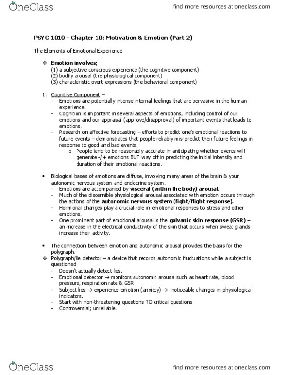 PSYC 1010 Chapter Notes - Chapter 10: Silvan Tomkins, Carroll Izard, Electrodermal Activity thumbnail