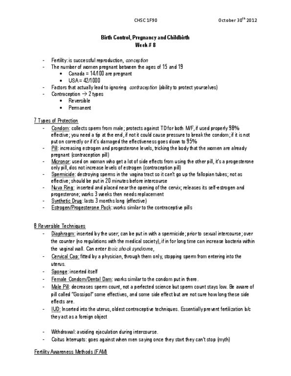 HLSC 1F90 Lecture Notes - Fallopian Tube, Norethisterone, Vasectomy thumbnail