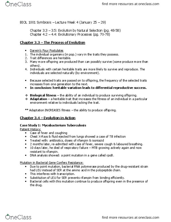 BIOL 1001 Lecture Notes - Lecture 4: Medium Ground Finch, Rifampicin, Allele Frequency thumbnail