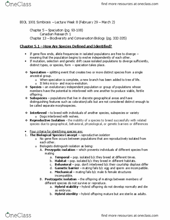 BIOL 1001 Lecture Notes - Lecture 8: Species Problem, Species Complex, Reproductive Isolation thumbnail