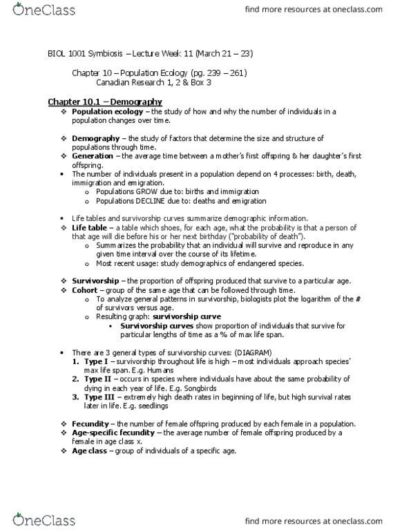 BIOL 1001 Lecture Notes - Lecture 11: Survivorship Curve, Exponential Growth, Logistic Function thumbnail