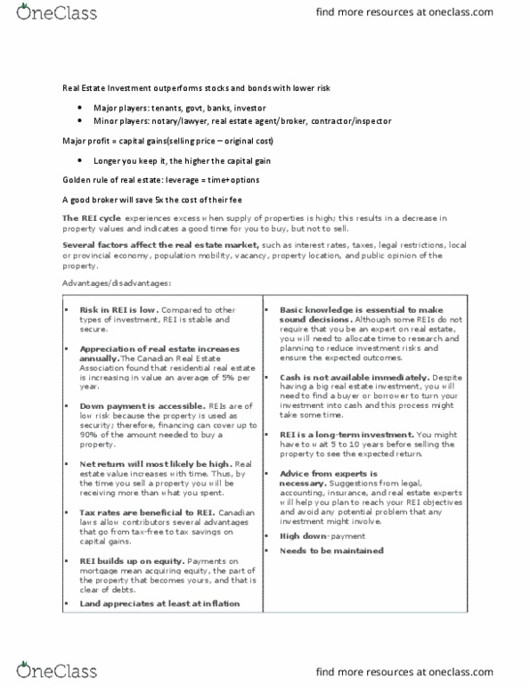 FINA 210 Lecture Notes - Lecture 1: Eminent Domain, Real Estate Investment Trust, Rei thumbnail