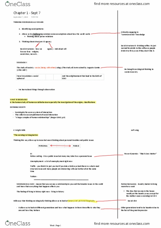 SOCI 1001 Lecture Notes - Lecture 1: C. Wright Mills, The Sociological Imagination, Auguste Comte thumbnail