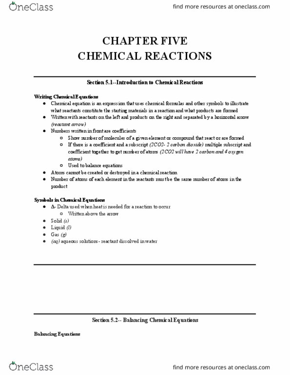 CHEM 101A Chapter Notes - Chapter lec 8: Chemical Equation, Balance Equation, Reagent thumbnail