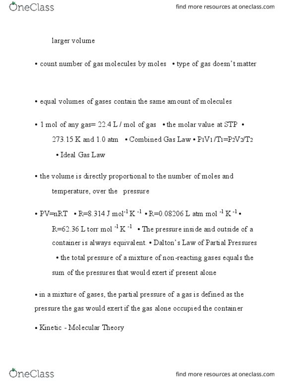 CHEM 261 Lecture Notes - Lecture 4: Combined Gas Law, Ideal Gas Law, Kinetic Theory Of Gases thumbnail