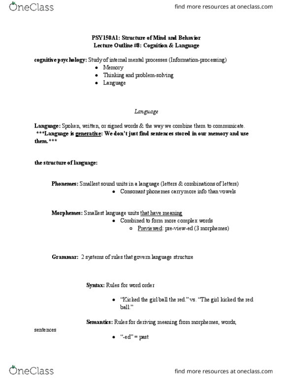 PSY 150A1 Lecture Notes - Lecture 7: Baby Talk, Language Acquisition Device, Noam Chomsky thumbnail