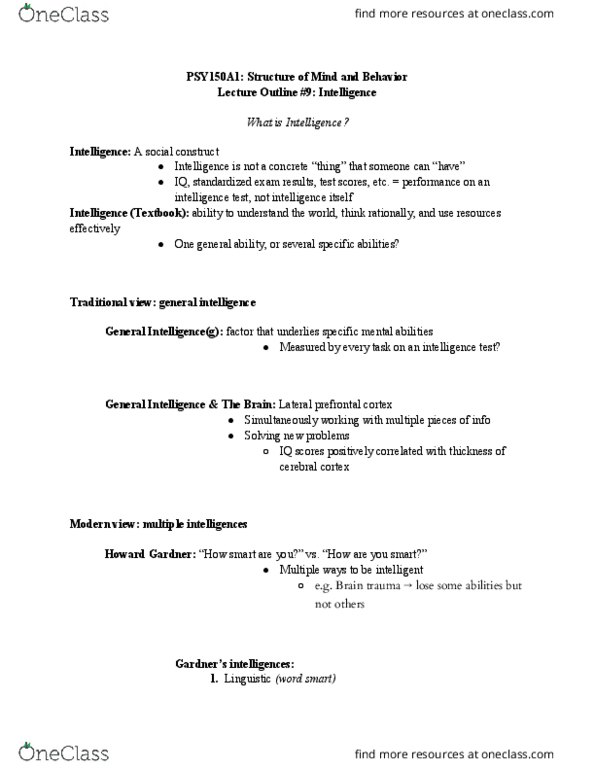 PSY 150A1 Lecture Notes - Lecture 8: Intelligence Quotient, Parietal Lobe, Prefrontal Cortex thumbnail