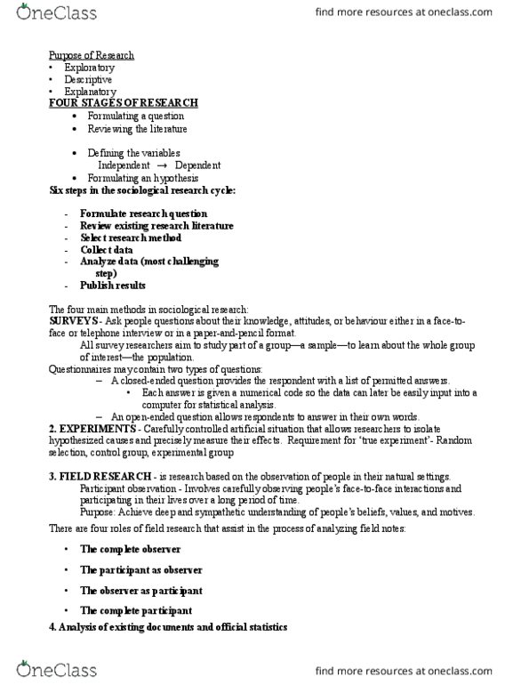 SOCI 1010 Lecture Notes - Lecture 4: Selection Bias, Participant Observation, Dependent And Independent Variables thumbnail