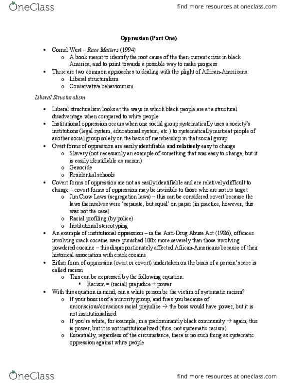 PHIL 1010 Lecture Notes - Lecture 10: Jim Crow Laws, Cornel West, Racial Profiling thumbnail