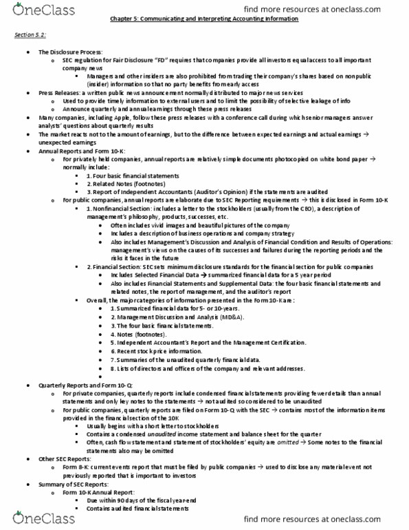 ACCT20100 Chapter Notes - Chapter 5.2: Early Access, Financial Statement, Form 10-Q thumbnail